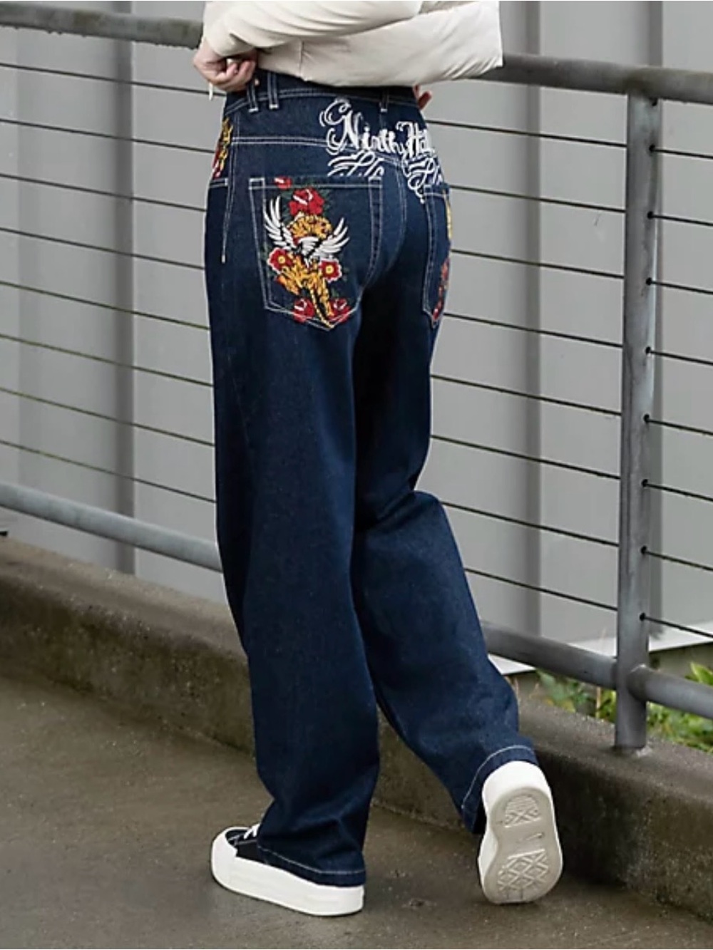 Zumiez Embroidered Dark Wash Denim Jeans with Floral Dragon & Phoenix Pockets